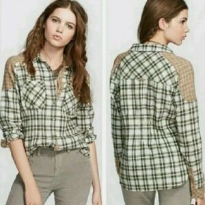 Free People Green and Beige Plaid Button-Down Shirt with Contrast Shoulders